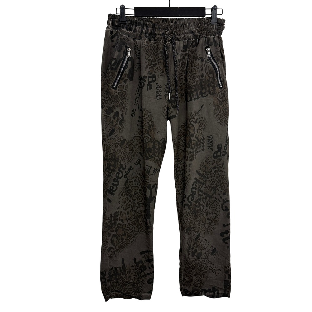 Bella Amore Pants Womens One Size Brown Leopard Script Print Joggers Italy